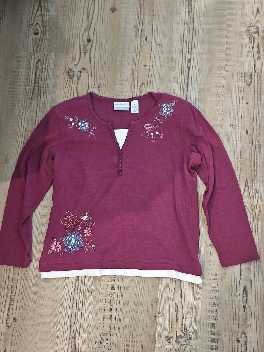 Alfred Dunner Berry Pink Embroidered Long Sleeve Henley